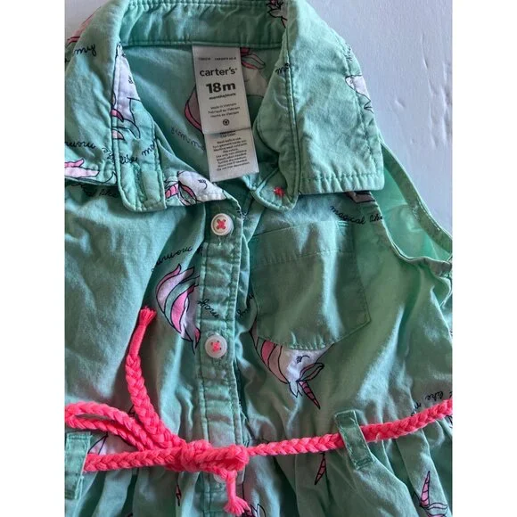 Carters Turquoise Unicorn Neon Pink Belted Sun Dress Girls Size 18 Mos - Picture 2 of 4